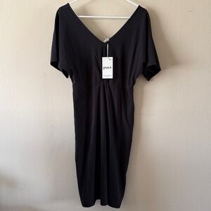 NWT PACT Black Organic Cotton V Neck Short Sleeve Midi Dress size S